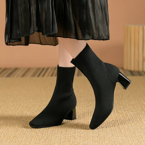 Botas Calcetín de Moda para Mujer Punta Cuadrada Tacón Grueso Otoño Invierno Botines de Punto Elástico Transpirables Antideslizantes