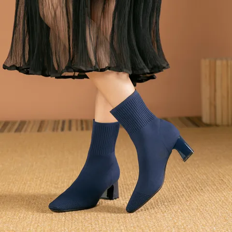 Botas Calcetín de Moda para Mujer Punta Cuadrada Tacón Grueso Otoño Invierno Botines de Punto Elástico Transpirables Antideslizantes