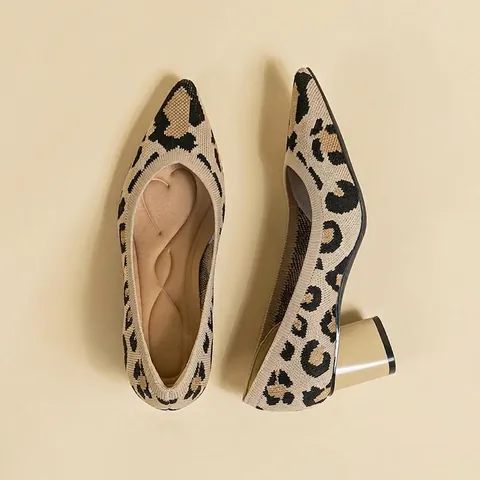 Women's Leopard Print Pointed Toe Block Heel Pumps Vintage Mid Heel Knitted Fabric Casual Shoes For Daily Dress