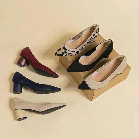 Women's Leopard Print Pointed Toe Block Heel Pumps Vintage Mid Heel Knitted Fabric Casual Shoes For Daily Dress
