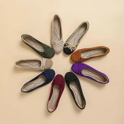 Women Japanese Style Round Toe Fly-knit Flat Shoes Elegant Bow Shallow Mouth Slip-on Ballet Flats Casual Commuter Walking Shoes Fabric Lightweight Shoes