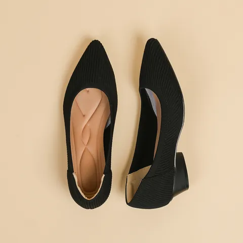 Scarpe Décolleté da Donna a Punta Scollate in Tessuto a Maglia a Righe Cuscino a Cuore Tacco Largo Casual Traspirante Medio