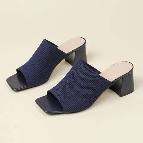 Women Square Toe Block Heel Knitted Slippers Fashion Fly-knit Slide Sandals Solid Color Chunky High Heels Mules Casual Outdoor Beach Footwear