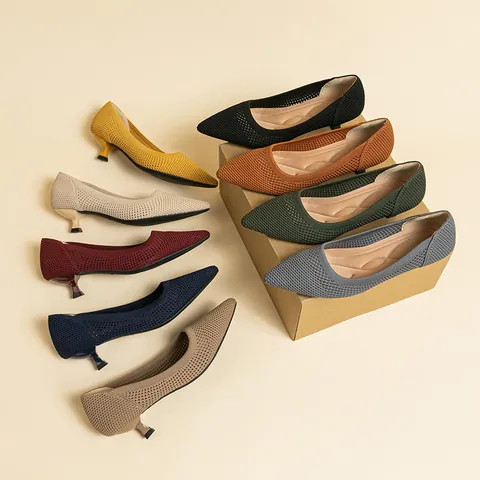 Women Pointed Toe Fly Knit Kitten Heel Pumps Hollow Out Breathable Mesh Slip On High Heels Fashion Elegant Office Lady Shoes