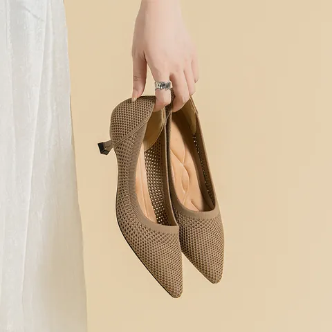 Women Pointed Toe Fly Knit Kitten Heel Pumps Hollow Out Breathable Mesh Slip On High Heels Fashion Elegant Office Lady Shoes