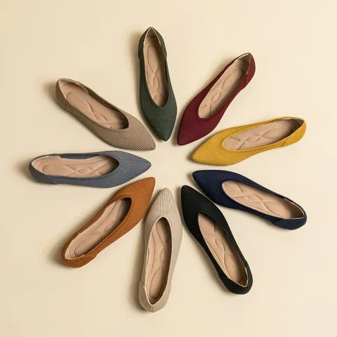Dames Flyknit Platte Schoenen met Puntige Neus Zomer Gestreepte Ademende Casual Effen Kleur Grote Maat Slipper