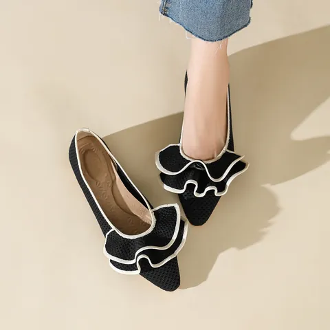 Damen Casual Rüschen Spitze Ballerinas Atmungsaktive Strick Netz Slip-On Schuhe Bequeme Latexeinlegesohle Mode Flache Schuhe
