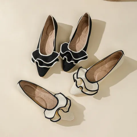 Damen Casual Rüschen Spitze Ballerinas Atmungsaktive Strick Netz Slip-On Schuhe Bequeme Latexeinlegesohle Mode Flache Schuhe