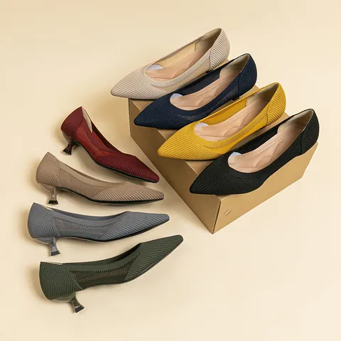 Décolleté da Donna a Punta Con Tacco a Spillo Basso Tessuto Flyknit Traspirante Scarpe da Lavoro Casual Scarpe Singole