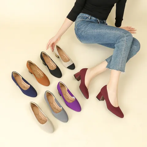 Scarpe Basse a Punta in Stile Giapponese per Donna In Tessuto a Maglia Décolleté a Tacco a Blocco Casual da Ufficio