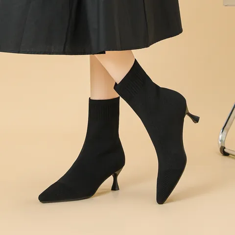 Women's Pointed Toe High Heel Ankle Boots Breathable Knit Sock Boots Elastic Fabric Stiletto Heel Fashionable Slim Boots For Daily Party