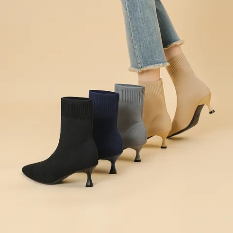 Women's Pointed Toe High Heel Ankle Boots Breathable Knit Sock Boots Elastic Fabric Stiletto Heel Fashionable Slim Boots For Daily Party