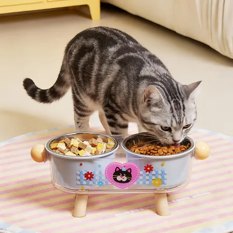 Non-slip Stainless Steel Cat Double Bowls Elevated Neck Protection Pet Feeder Dopamine Color Kitten Feeding Station With Wood Legs
