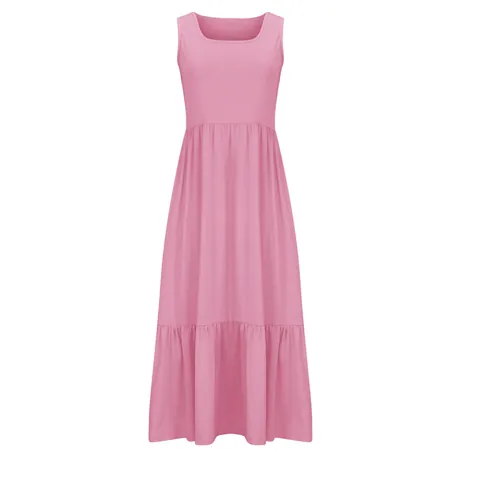 Women Summer Sleeveless Tank Maxi Dress Casual Flowy Tiered Beach Dress With Pockets Elegant Solid Color Polyester Dress