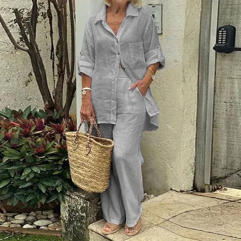 Women Casual Top And Bottom Polyester Long Sleeve Button Down Shirt With Pocket Wide Leg Pants Spring Autumn Outfits