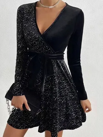 Women Sexy V-Neck Sequin Party Dress Long Sleeve Slim Fit Patchwork Mini Dress Elegant Solid Color Evening Dress For Ladies