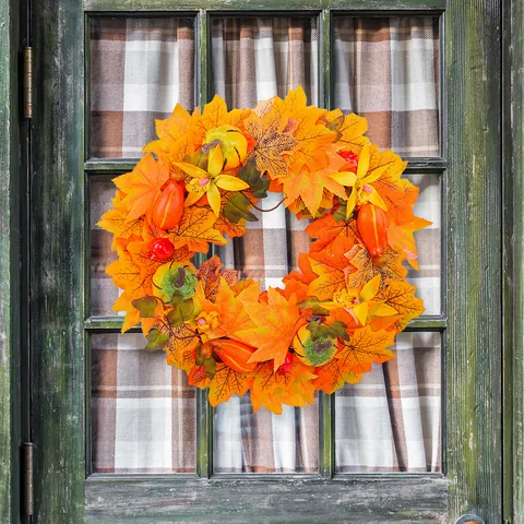 Halloween Autumn Maple Leaf Pumpkin Wreath Artificial Harvest Thanksgiving Front Door Hanging Garland Holiday Home Decor