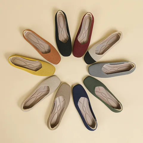 Scarpe Basse Flyknit a Punta Quadrata da Donna Traspiranti a Bocca Bassa Casual Scarpe Singole Suola Morbida Eleganti Ballerine a Maglia