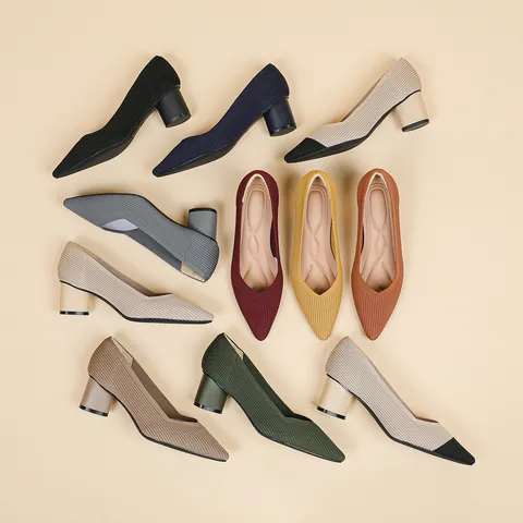 Scarpe con Tacco Largo da Donna Punta Affusolata Tessuto a Costine Stile Francese Scollo a V Scarpe Basse Eleganti Versatili per Ufficio