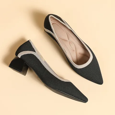 Women's Knitted Pointed Toe Block Heel Shoes Breathable Shallow Mouth Woven Casual Dress Flats Office Lady Footwear