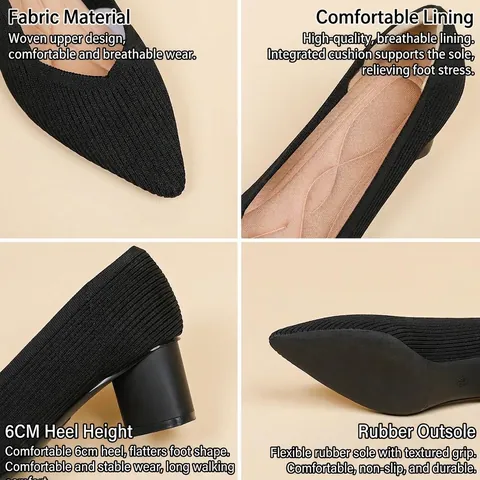 Scarpe con Tacco Largo da Donna Punta Affusolata Tessuto a Costine Stile Francese Scollo a V Scarpe Basse Eleganti Versatili per Ufficio