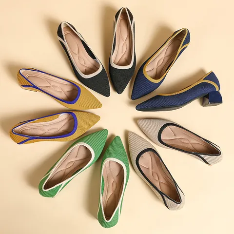 Women's Knitted Pointed Toe Block Heel Shoes Breathable Shallow Mouth Woven Casual Dress Flats Office Lady Footwear