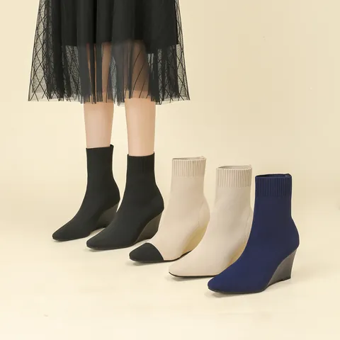 Women's Square Toe Knit Wedge Ankle Boots Breathable Sock Boots Solid Color High Heel Fashion Slim Fit Pull On Mid Tube Boots