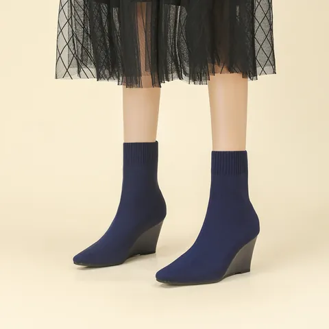 Women's Square Toe Knit Wedge Ankle Boots Breathable Sock Boots Solid Color High Heel Fashion Slim Fit Pull On Mid Tube Boots