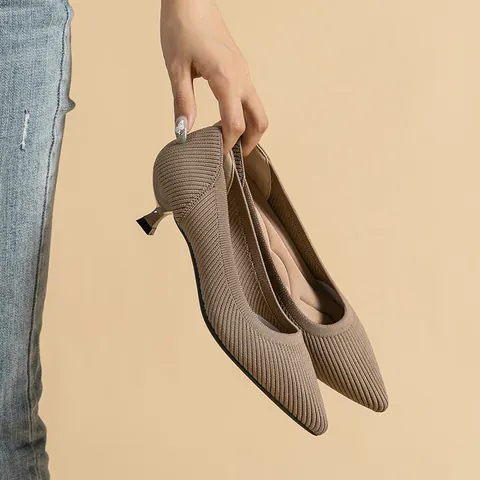 Escarpins en Tricot à Talon de Chaton à Bout Pointu pour Femmes Respirants Semelle Souple Chaussures de Bureau à Talon Bas Rayées