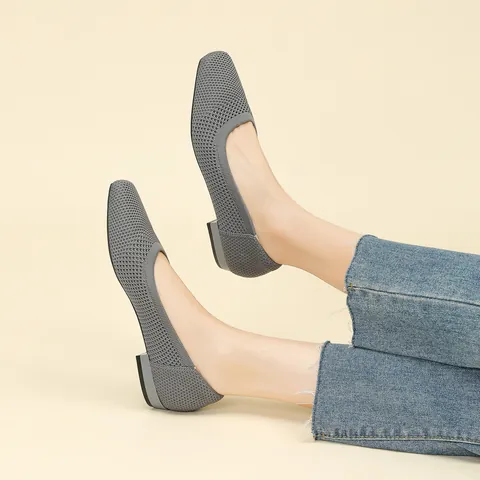 Mocassini da Donna alla Moda Flyknit Traforati Punta Quadrata Scarpe Slip On Comode Suola in Gomma Traspirante Tacco Quadrato