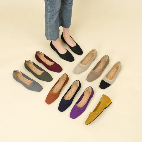 Mocassini da Donna alla Moda Flyknit Traforati Punta Quadrata Scarpe Slip On Comode Suola in Gomma Traspirante Tacco Quadrato