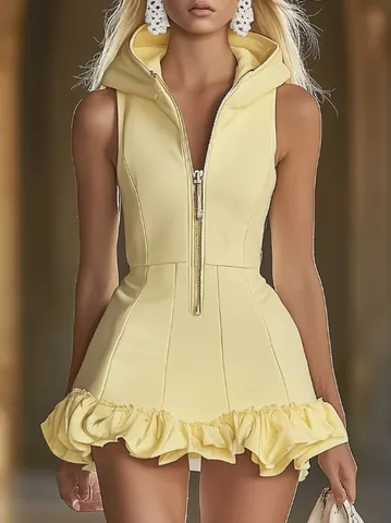 Women Slim Fit Hooded Sleeveless Mini Dress Polyester Solid Color Front Zipper Ruffle Hem Sexy Bodycon Casual Party Outfits