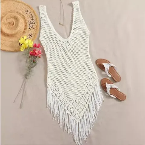 Bohemian Hand Crochet Beach Bikini Cover Up Hollow Knit Tassel V Neck Sleeveless Summer Vacation Sun Protection Top