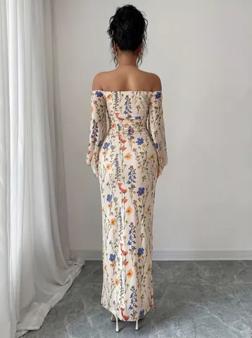 Damen Elegant Schulterfrei Blumen Zweig Druck Gerafft Bodycon Maxikleid Laternenärmel Hoher Schlitz Urlaub Kleid