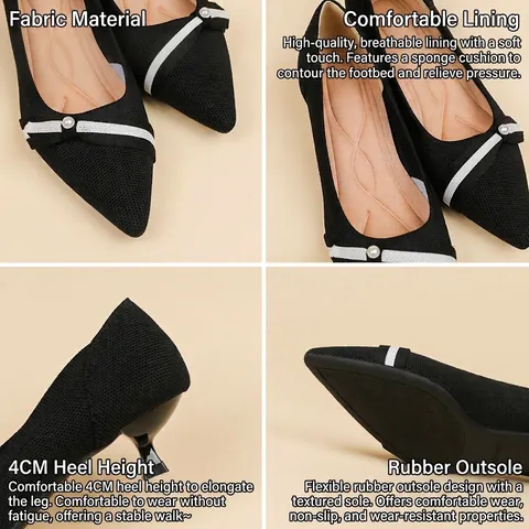 Women's Pointed Toe Fly-knit Pumps Elegant Kitten Heels With Artificial Pearl Strap Casual Shallow Mouth Slip-on Dress Shoes