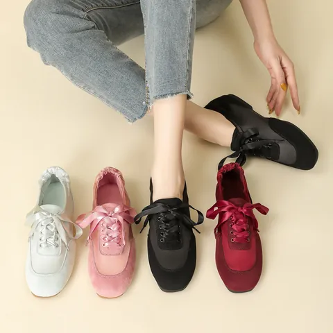Women's Ballet Flats Satin Ribbon Lace-up Suede Patchwork Flat Shoes Elegant Soft Casual Daily Walking Sneakers