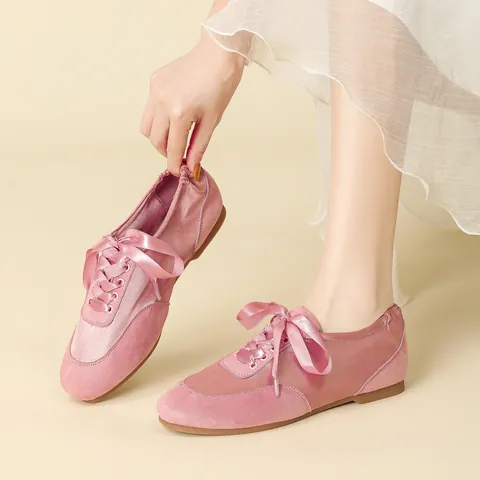 Women's Ballet Flats Satin Ribbon Lace-up Suede Patchwork Flat Shoes Elegant Soft Casual Daily Walking Sneakers