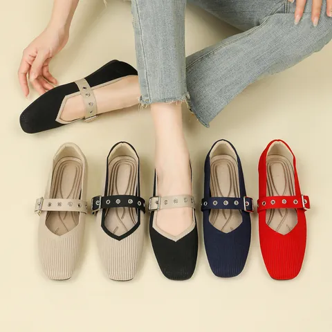 Zapatos Planos Mary Jane de Punto para Mujer Punta Cuadrada Suela Blanda Correa con Hebilla Caña Baja Transpirables Casuales