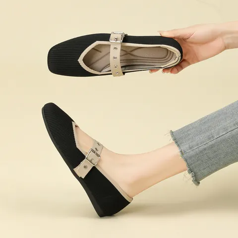 Zapatos Planos Mary Jane de Punto para Mujer Punta Cuadrada Suela Blanda Correa con Hebilla Caña Baja Transpirables Casuales