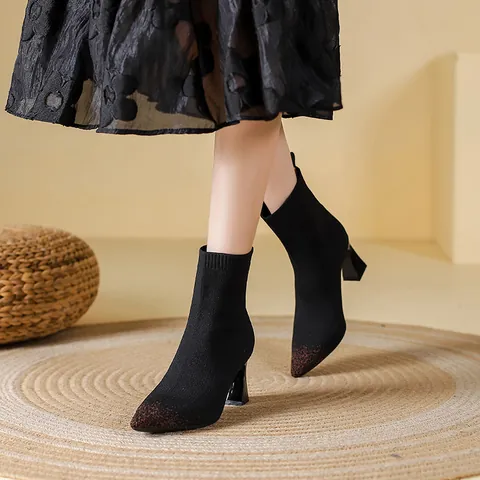 French Style Women Pointed Toe Sock Boots Breathable Knit High Heels Martin Boots Elegant Colorblock Chunky Heel Boots