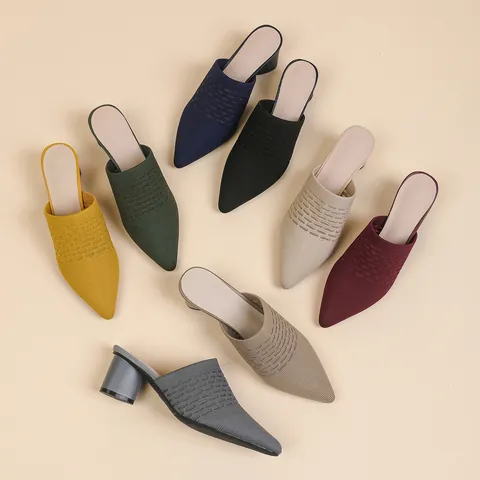 Mules da Donna a Punta con Tacco Largo Sandali in Tessuto a Maglia Traforato Traspirante Scarpe Slide alla Moda da Ufficio