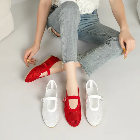 Zapatos Mary Jane Bordados Estilo Chino para Mujer Malla Transpirable Planos Boda Novia Dama de Honor Banquete Fiesta Rojo Blanco