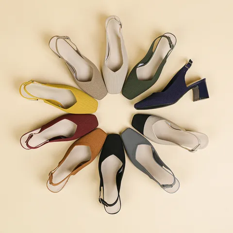 Sandali Slingback da Donna in Tessuto a Maglia Punta Quadrata Tacco a Blocchi Traspirante Décolleté Ufficio Scarpe Eleganti