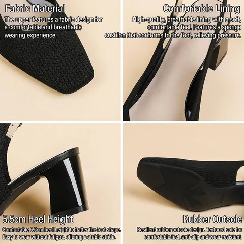 Sandali Slingback da Donna in Tessuto a Maglia Punta Quadrata Tacco a Blocchi Traspirante Décolleté Ufficio Scarpe Eleganti