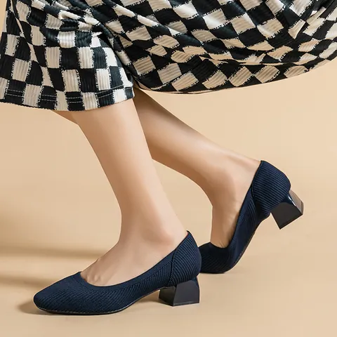 Pumps da Donna con Tacco Largo in Maglia Punta Quadrata a Righe Traspiranti Scarpe Slip-on Tacco Medio 4cm Ufficio Donna