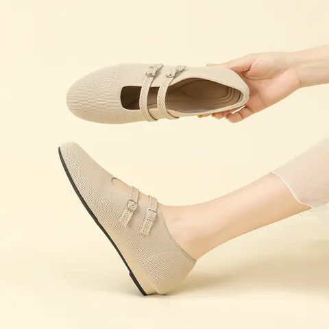 Zapatos Planos Merceditas para Mujer Tejido de Punto Doble Hebilla Transpirable Antideslizante Suela Blanda Mocasines Casuales