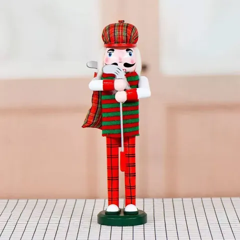 Christmas Golf Nutcracker Wooden Puppet Ornament Striped Sweater Plaid Pants Holding Golf Club Traditional Xmas Decor Collectible