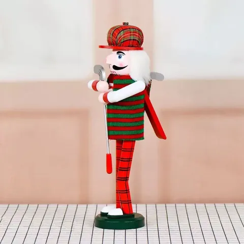 Christmas Golf Nutcracker Wooden Puppet Ornament Striped Sweater Plaid Pants Holding Golf Club Traditional Xmas Decor Collectible