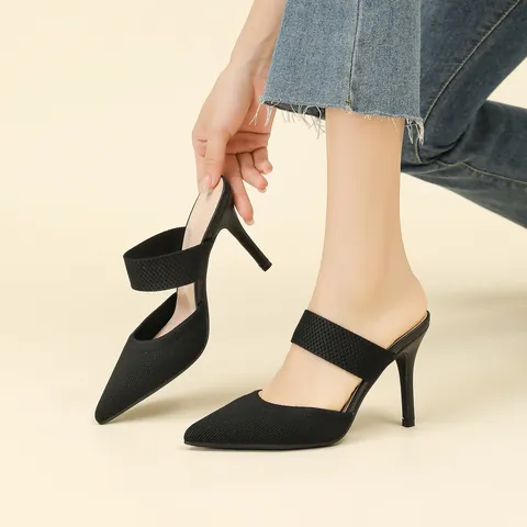 Talons Aiguilles à Bout Pointu Style Français pour Femmes Mules Élégantes en Tissu Tricoté à Enfiler Chaussures de Soirée