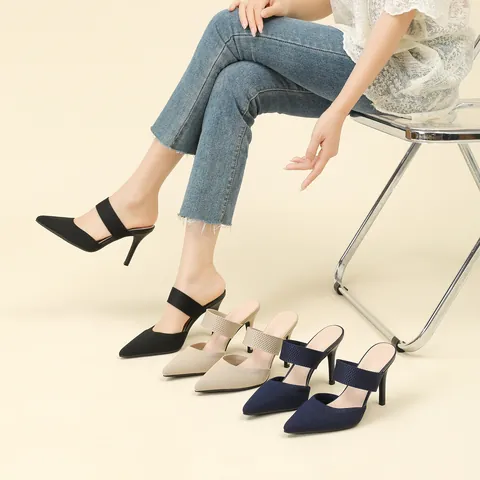 Talons Aiguilles à Bout Pointu Style Français pour Femmes Mules Élégantes en Tissu Tricoté à Enfiler Chaussures de Soirée